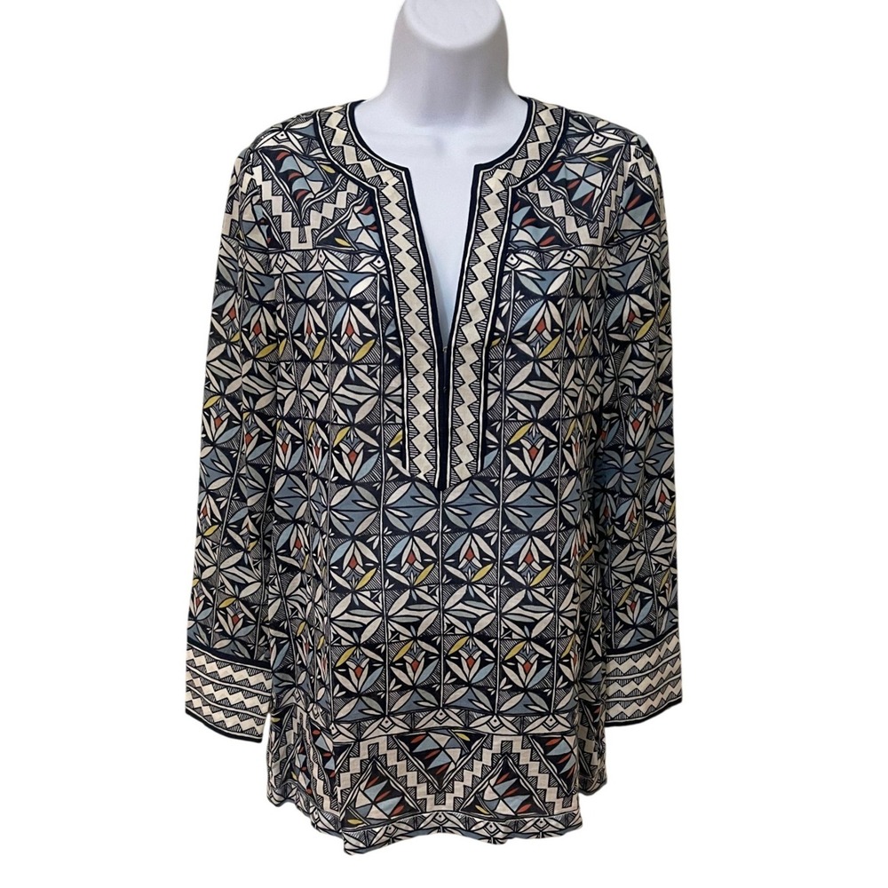 Tory Burch Womens Mosaic Geometric Print‎ Cotton Tunic Top Navy Blue Size 4